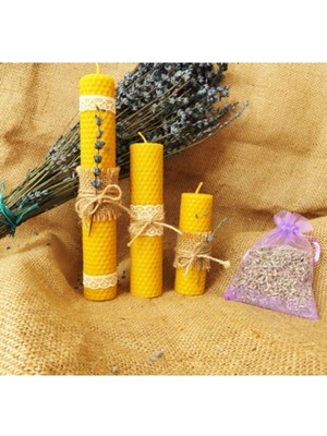 Üçlü Sarı Dekoratif Balmumu Mum Seti, Doğal ve Şık Ev Aksesuarı