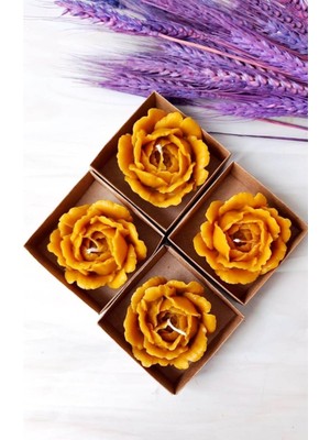 Doğal Balmumu Mum 4'lü Set, Açmış Gül Desenli Asetat Kutuda