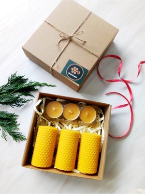 Doğal Bal Mumu Petekli Tealight Mum ve Boy Seti, 3'lü, 7 cm Çap, 4.5 cm Boy