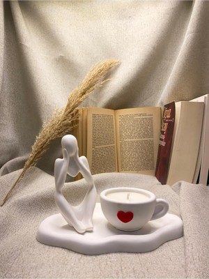 Bulut Desenli Tabak, Fincan ve Kalpli Bardak ile Düşünen Biblo Seti