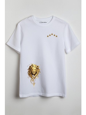 Merch&ice 6 Yıldızlı Altın Arslan Baskılı Unisex T-Shirt Beyaz