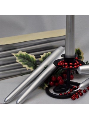 Gümüş Varaklı Gri Renk Silindir Konik Şamdan, Uzun Ince Tasarım, 4 Adet, 2X25 cm