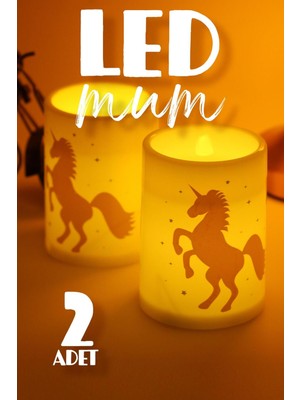 Ikili LED Mum Seti, Unicorn Bardak Tasarımı, Pilli, Alevsiz, Dekoratif, Yapay Mum