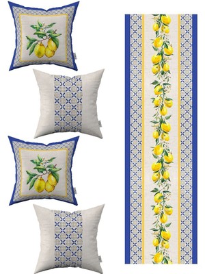 Mavi ve Sarı Renkli Limon Desenli 4'lü Kırlent Kılıfı ve Runner Seti