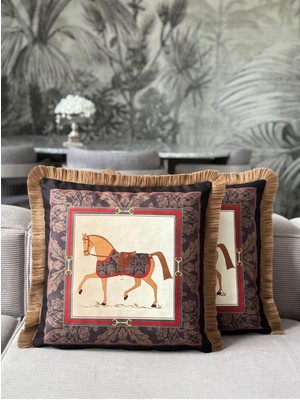 Çift Taraflı Atlı Dekoratif Saçaklı Kırlent Kılıfı 43X43 Siyah
