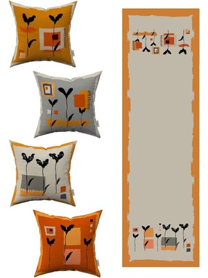 Turuncu ve Sarı Bohem Yaprak Desenli 4'lü Kırlent Kılıfı ve Runner Seti