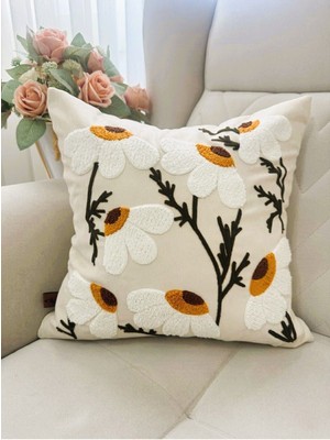 Bej Papatya Desenli Keten Kumaş Kırlent Kılıfı (Panç)