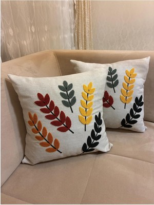 Renkli Yapraklı Nakışlı Kırlent Kılıfı, 43X43CM, Dekoratif ve Şık Tasarım