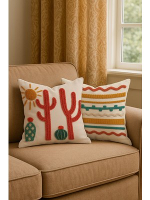 Renkli Kaktüs Desenli Kırlent Kılıfı Seti, Şık ve Zarif Dekorasyon Parçası
