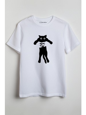 Merch&ice Kucaktaki Kedi Baskılı Unisex T-Shirt Beyaz