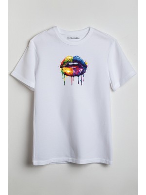 Merch&ice Renkli Dudak Ağız Baskılı Unisex T-Shirt Beyaz