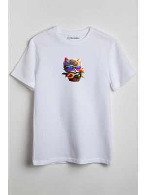 Merch&ice Renkli Sepette Süslü Kedi Baskılı Unisex T-Shirt Beyaz