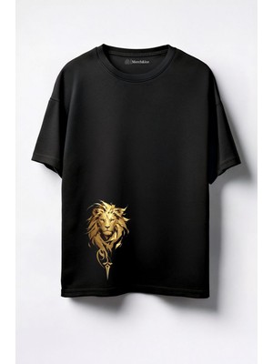 Merch&ice Altın Aslan Baskılı Unisex Oversize T-Shirt Siyah