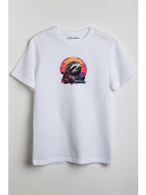 Merch&ice Renkli Yavaş Hayvan Baskılı Unisex T-Shirt Beyaz