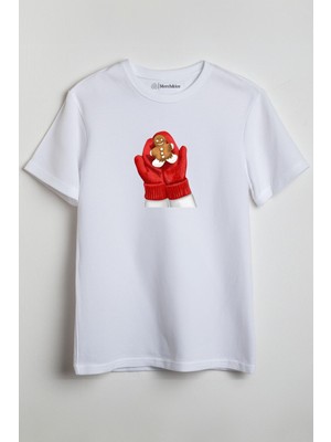 Merch&ice Kırmızı Noel Eldivenleri ve Zencefilli Kurabiye Adam Baskılı Unisex T-Shirt Beyaz