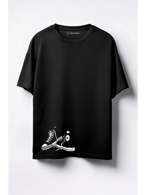 Merch&ice Siyah Ayakkabı Baskılı Unisex Oversize T-Shirt Siyah