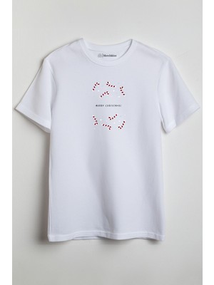 Merch&ice Merry Christmas Baston Şekerleri Yılbaşı Baskılı Unisex T-Shirt Beyaz
