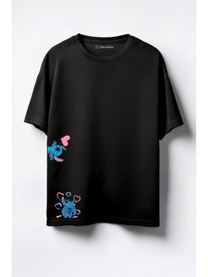 Merch&ice Resim Yapan Stitch Baskılı Unisex Oversize T-Shirt Siyah