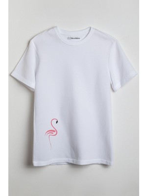 Merch&ice Çizgili Flamingo Baskılı Unisex T-Shirt Beyaz