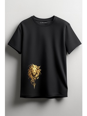 Merch&ice Altın Aslan Baskılı Unisex T-Shirt Siyah