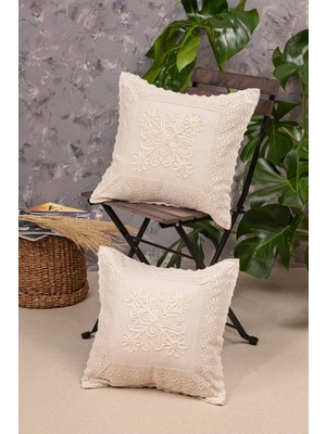 Iki Parça Buldan Dantel ve Laseli Otantik Kırlent, Natural Krem Renk