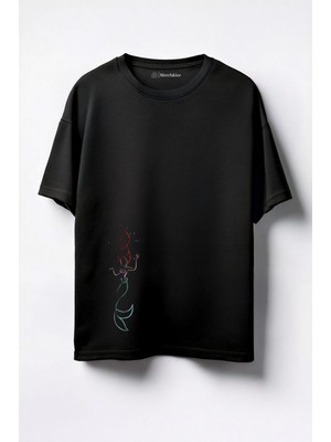Merch&ice Çizgili Deniz Kızı Baskılı Unisex Oversize T-Shirt Siyah