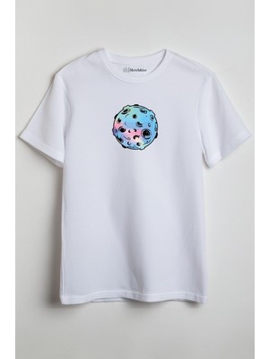 Merch&ice Gezegen Mavi Baskılı Unisex T-Shirt Beyaz