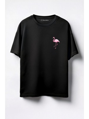 Merch&ice Flamingo Göğüs Baskılı Unisex Oversize T-Shirt Siyah