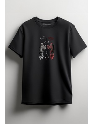 Merch&ice Angel Demon Together Baskılı Unisex T-Shirt Siyah