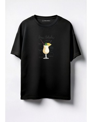 Merch&ice Tarifli Pina Coladas Baskılı Unisex Oversize T-Shirt Siyah