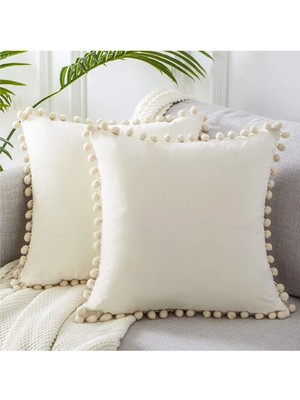 2'li Ponponlu Dekoratif Kırlent Kılıfı, Krem Renkli, Şık ve Rahat Tasarım