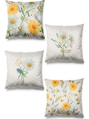 Daisy Desenli 4'lü Süet Kırlent Kılıfı, Çift Taraflı, Şık ve Renkli Tasarım