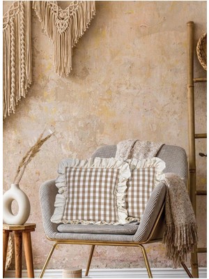 Pötikare Desenli Fırfırlı Kırlent Kılıfı, Pamuklu Keten, 43X43, Bej