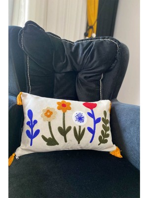 Nakışlı Kırlent Kılıfı, Krem Hardal Mavi Kahve Renkli, 1 Adet