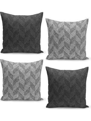 4'lü Tweed Kırlent Kılıf Seti, Balıksırtı Desenli, Antrasit Renk