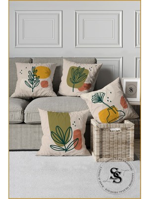 Yeşil-Bal Sarısı Desenli Dijital Kadife Kırlent Kılıfı 43X43 cm (4'lü)