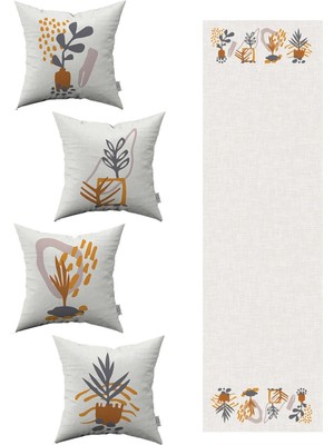 Gri ve Sarı Yaprak Desenli 4'lü Kırlent Kılıfı ve Runner Seti, Şık Dekorasyon.