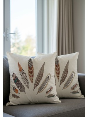 Şans Tüyü Desenli Bej Kadife Yastık Kılıfı Çiftli Set