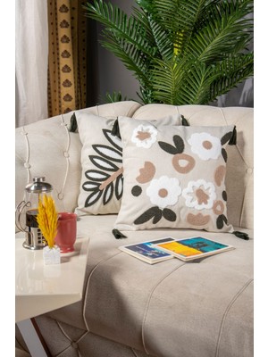 2'li Punch Nakışlı Bej Kırlent Kılıfı, Şık ve Rahat Dekorasyon Için Ideal