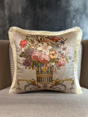 Kadife Püsküllü Damask Desenli Kırlent Kılıfı, Çift Taraflı, Krem Renk