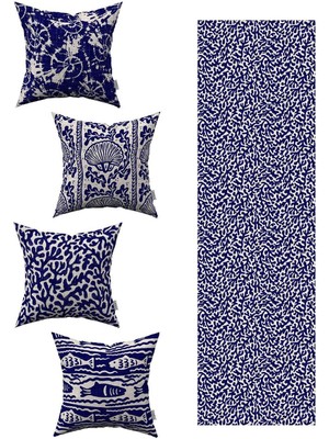 Mavi Bej Marin Desenli 4'lü Kırlent ve Runner Seti, Şık ve Rahat Dekorasyon