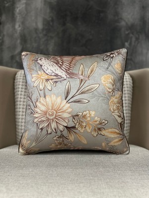 Ithal Ipek Kadife Kuşlu Kırlent Kılıfı, Çift Taraflı Desenli, Mint Yeşil Renk