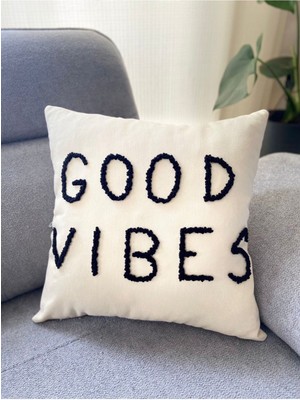 El Yapımı Good Vibes Siyah Punch 42X42 cm Kırlent Yastık Kılıfı