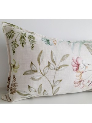 Keten Pamuklu Çiçek Desenli Bej Renkli Kırlent Kılıfı, Şık ve Doğal Görünüm Sağlar