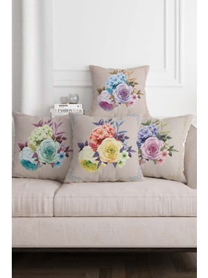 Çiçekli Dijital Baskılı Bej ve Renkli Kırlent Kılıfı Seti, 4'lü