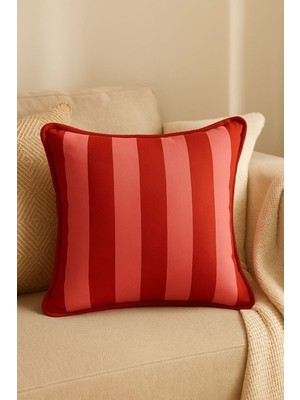 Kırmızı ve Pembe Şeritli Püsküllü Dekoratif Kırlent Kılıfı