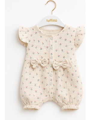 Çiçek Bahçesi Fiyonklu Kız Bebek Tulum – Krem Renk Yazlık Model