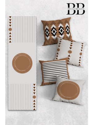 Kahverengi Bohem Çift Taraflı Baskılı 4'lü Yastık ve Amerikan Servis Seti