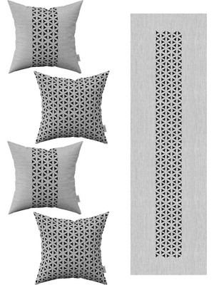 Gri Siyah Geometrik Desenli 4'lü Kırlent ve Runner Seti, Şık ve Modern Dekorasyon.