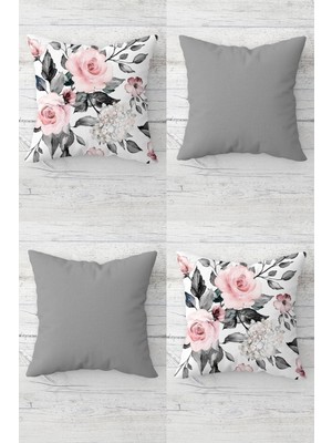 Gül Desenli ve Düz Kırlent Kılıfı Takımı, Gizli Fermuarlı, 4'lü, Gri-Beyaz-Pembe